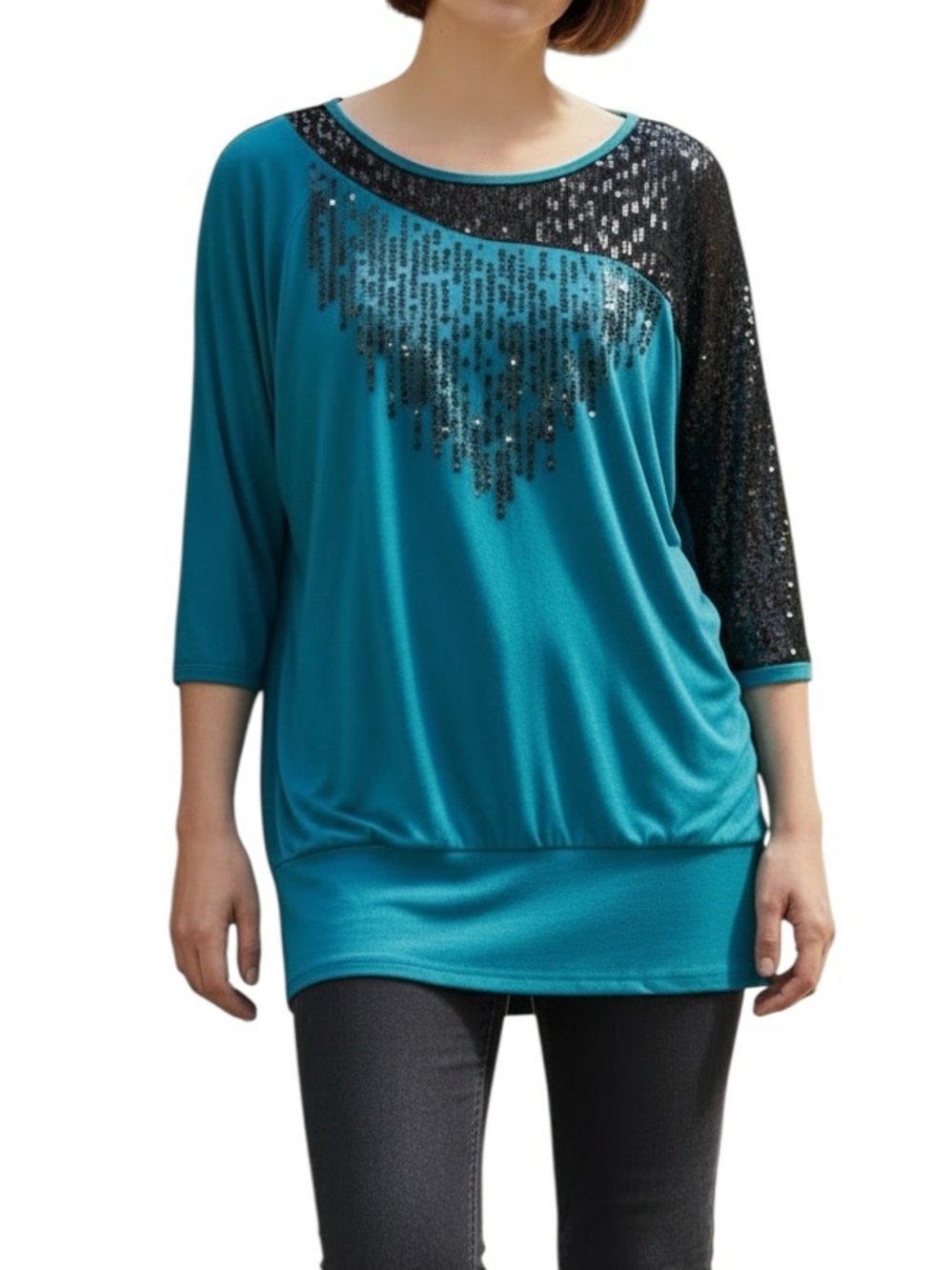 DAYTRIP:  Lace & Sequin Turquoise Twist Back Shirt - Size Medium